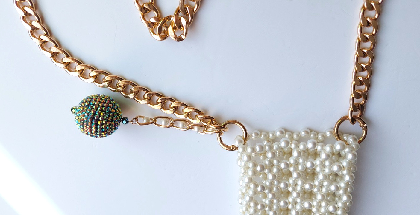 Handmade Pearl Beaded Cell Phone Bag with Gold Chain, Mobile Phone Bag Crossbody