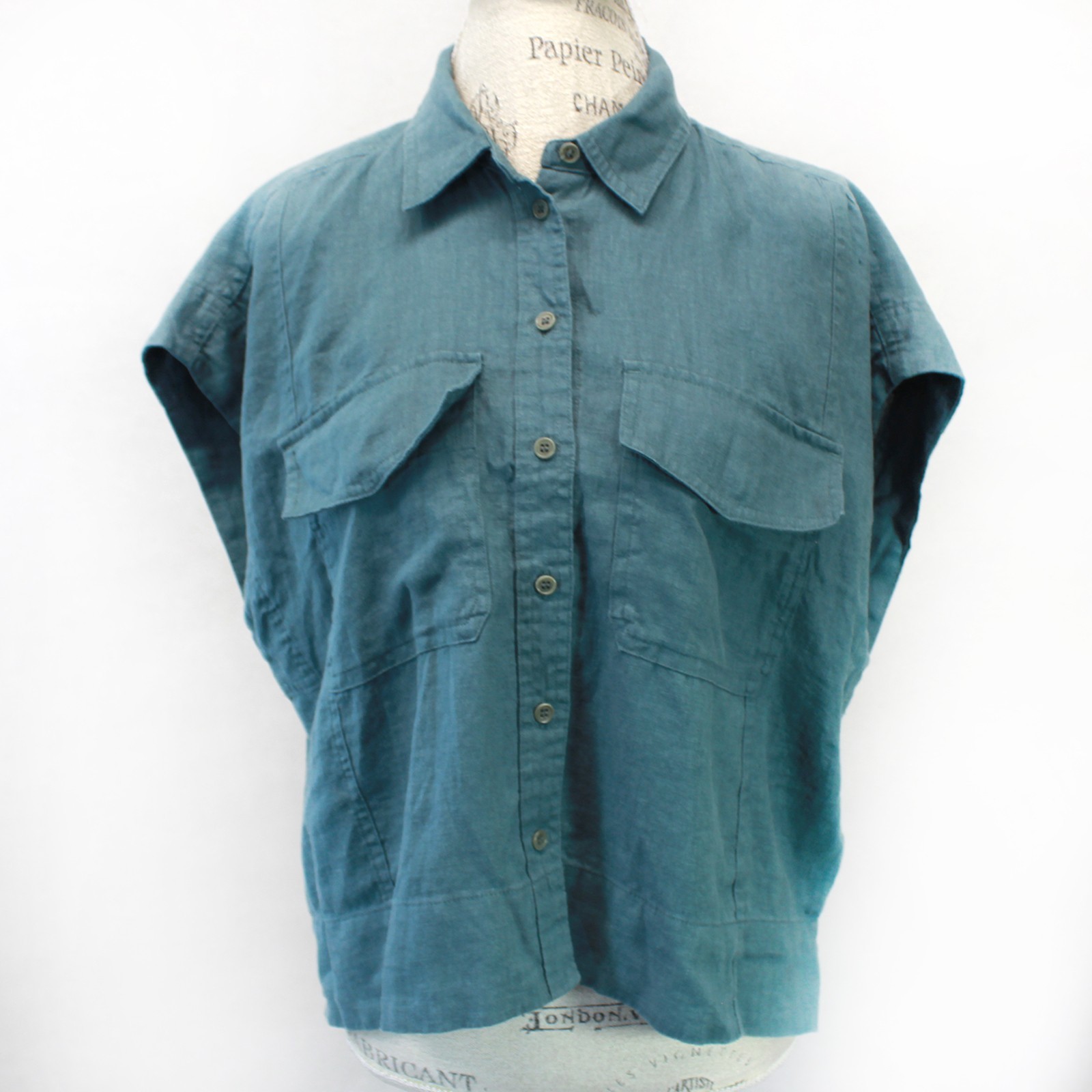 Madewell Flap-Pocket Button-Up Shirt 100% Linen mineral Green Cropped Casual XXL