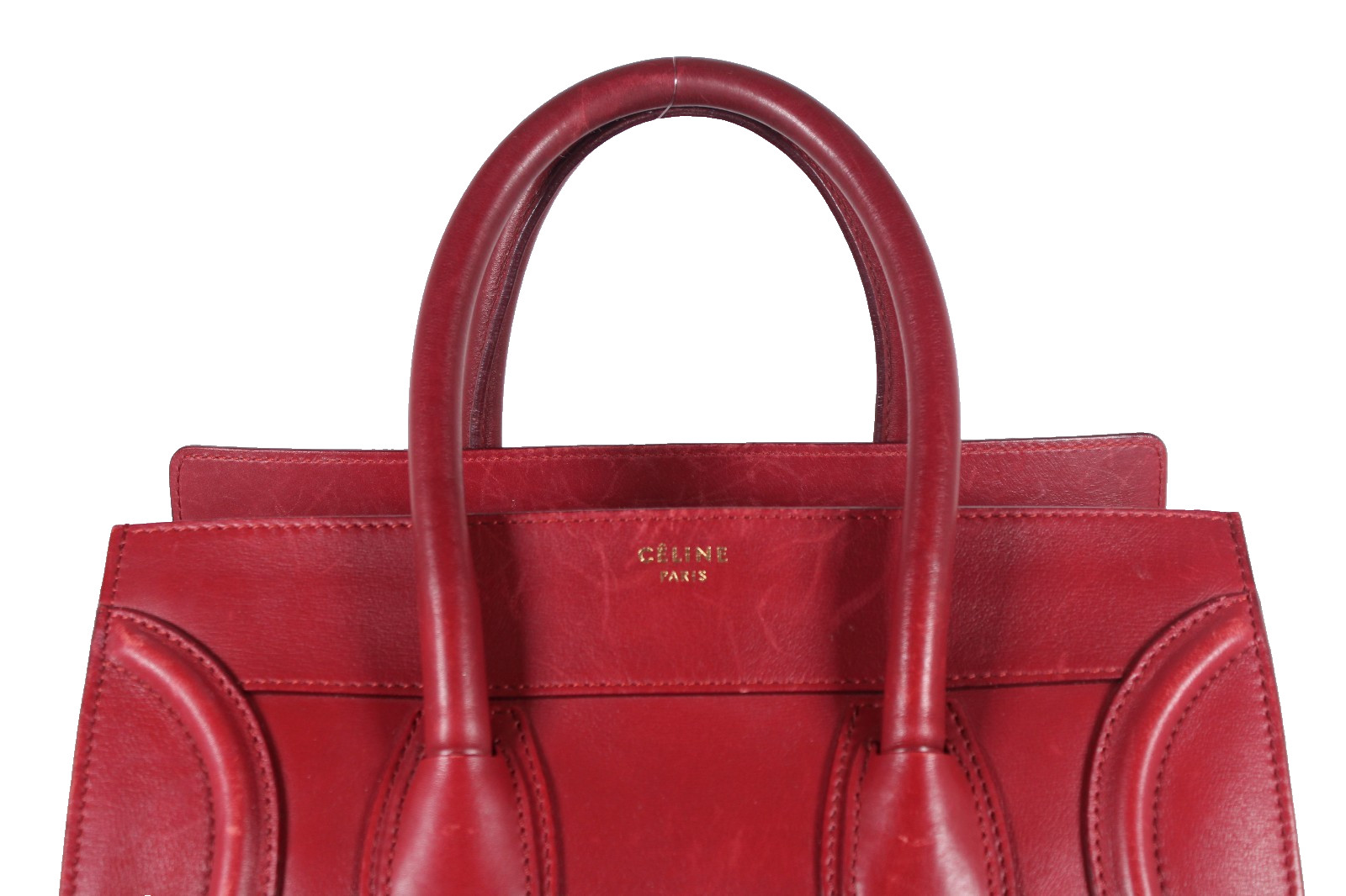 CELINE Carmine Red Leather Zip-Top MINI LUGGAGE Large Tote Bag
