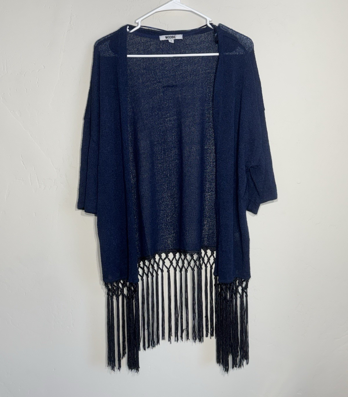 MODBE Women’s Dark Blue Solid Knit Fringe Cardigan Small