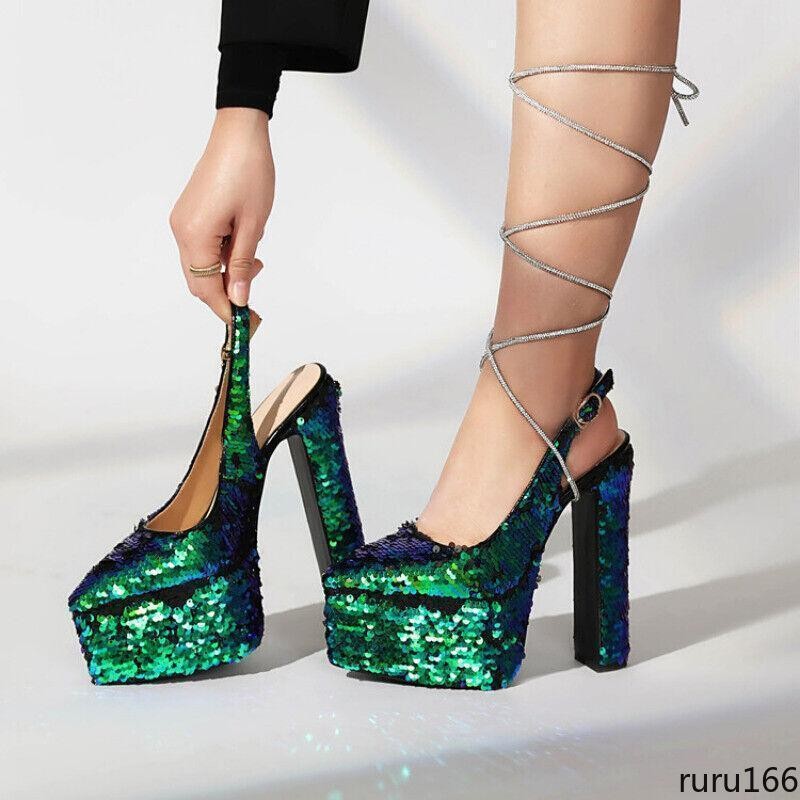 Women Sequin Platform Slingback Square Toe Block High Heel Buckle Pumps shoes