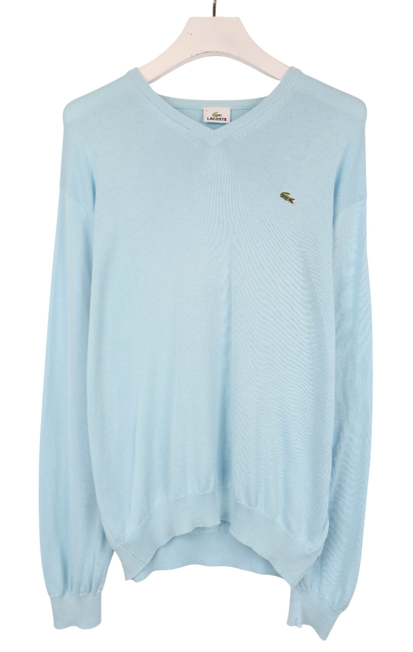 LACOSTE Jumper Mens LARGE Light Blue V Neck Logo Tight Knitted Pullover