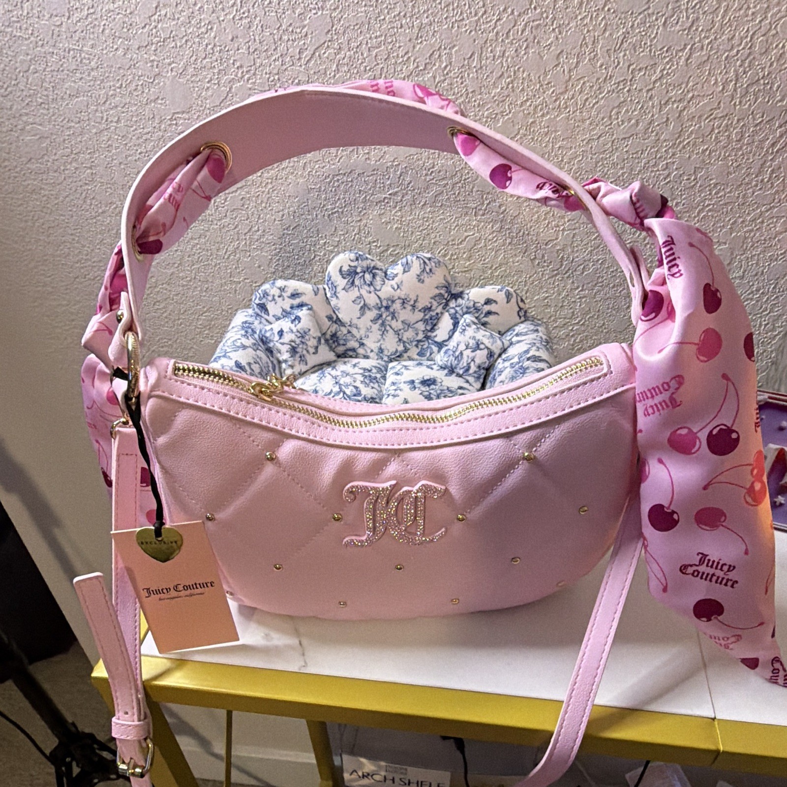 Juicy Couture Pink Crescent Shoulder Bag Quilted Logo Zip Gold HW Heart Charm
