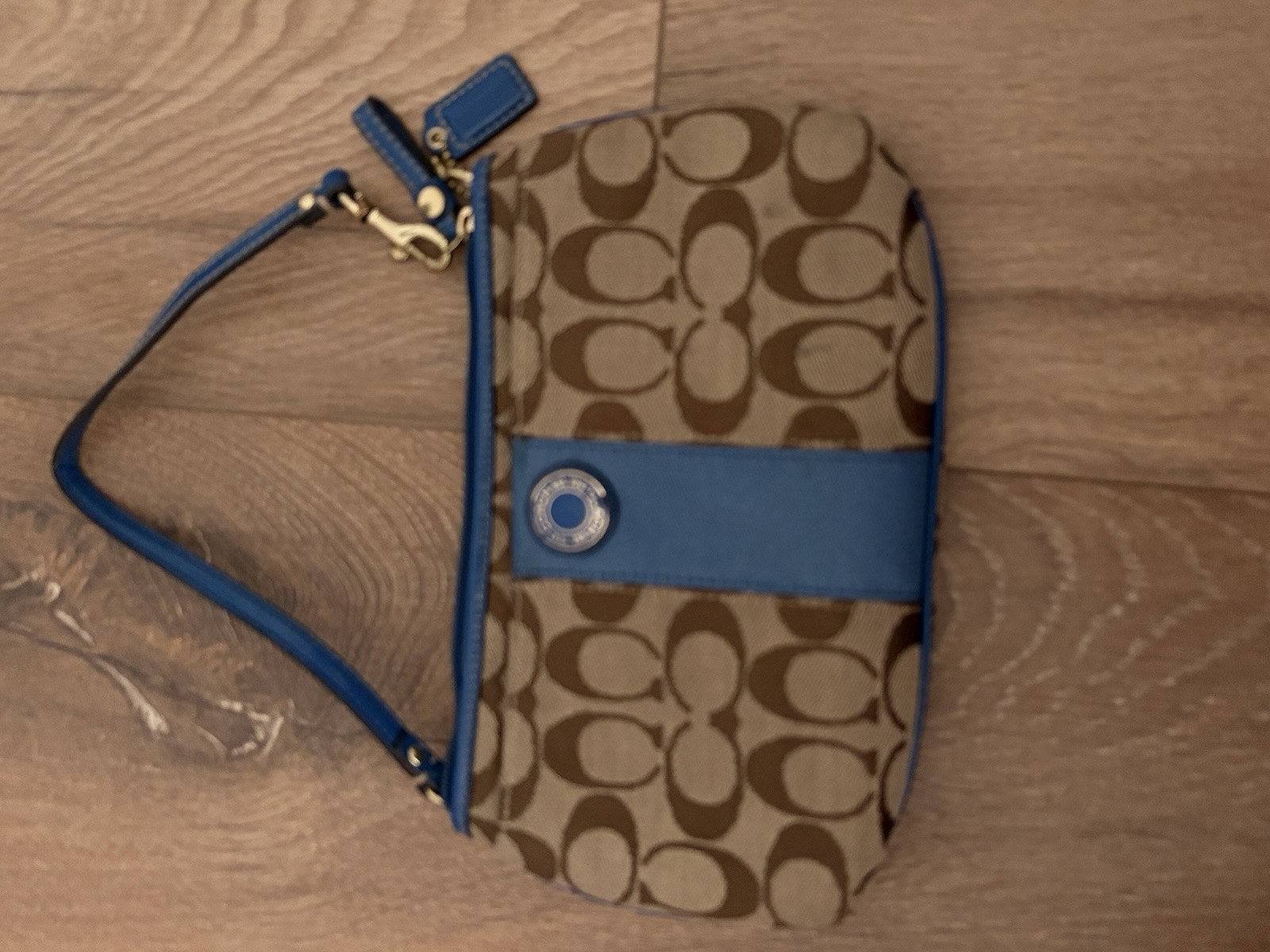 Coach Signature Logo Wristlet Small Brown with Blue Trim Zip Wrist Strap