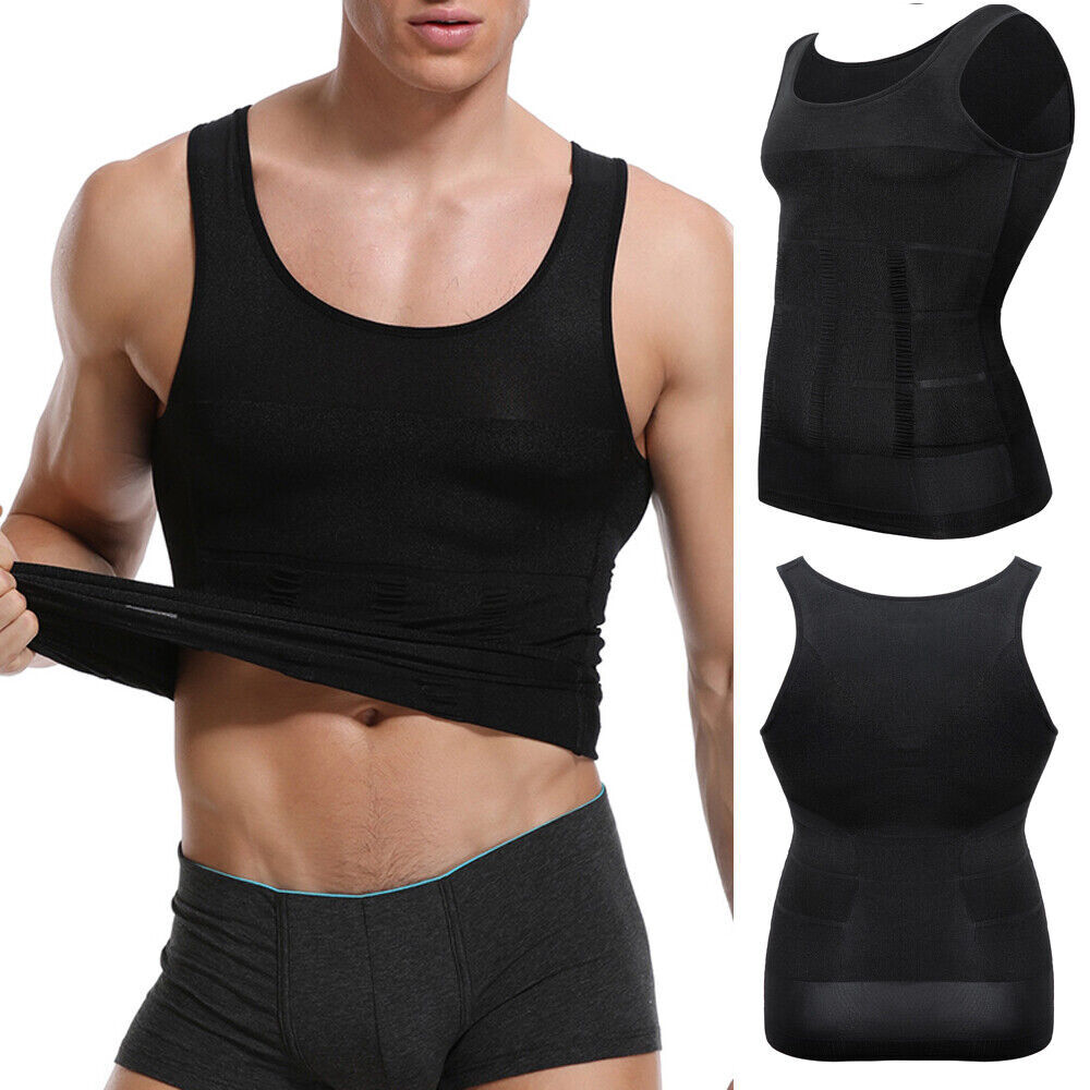 Mens Compression Vest Girdle T-Shirt Tank Top Slimming Body Shaper Belly Chest
