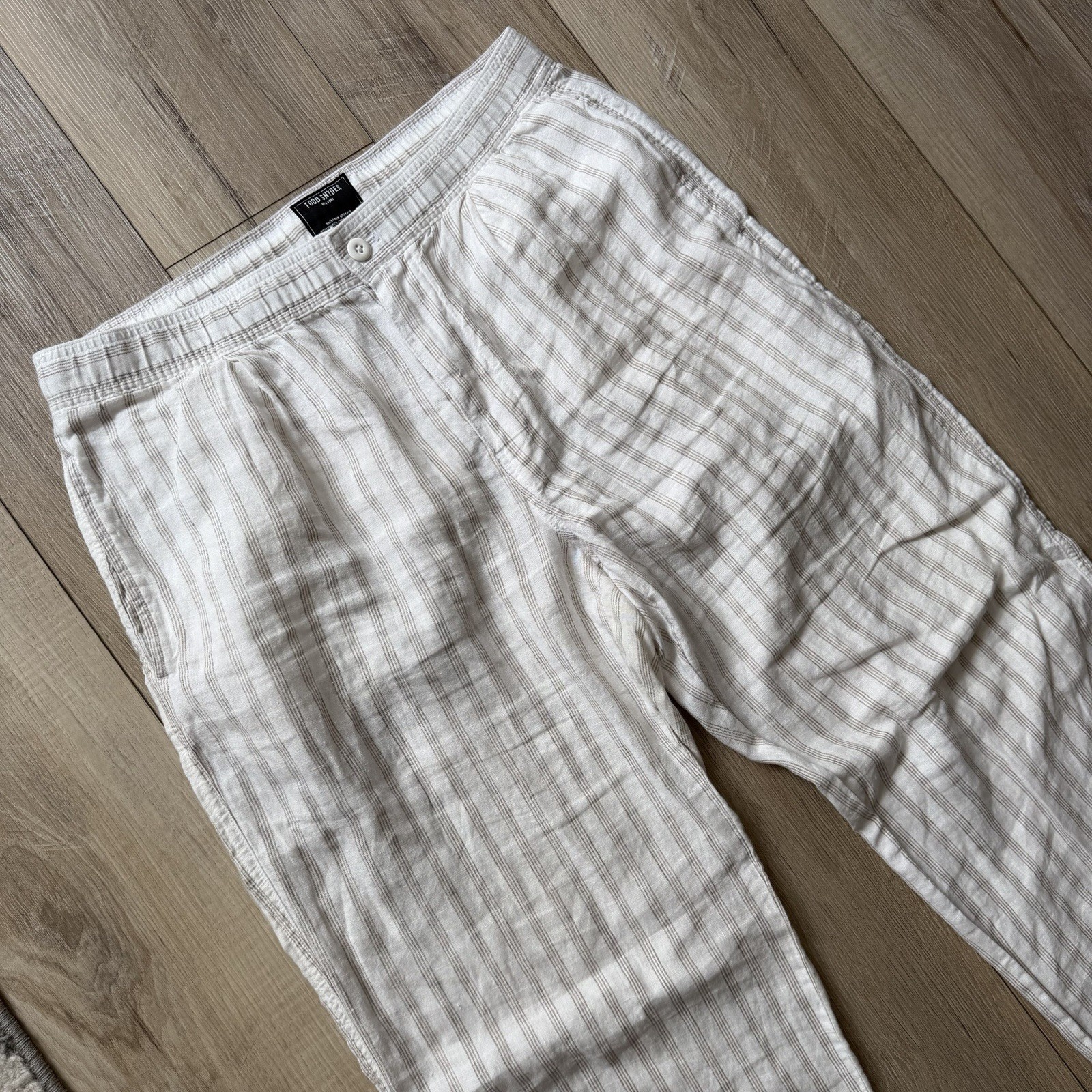 TODD SNYDER Relaxed 100% Linen Leisure Pants in White Striped Pleated L $198