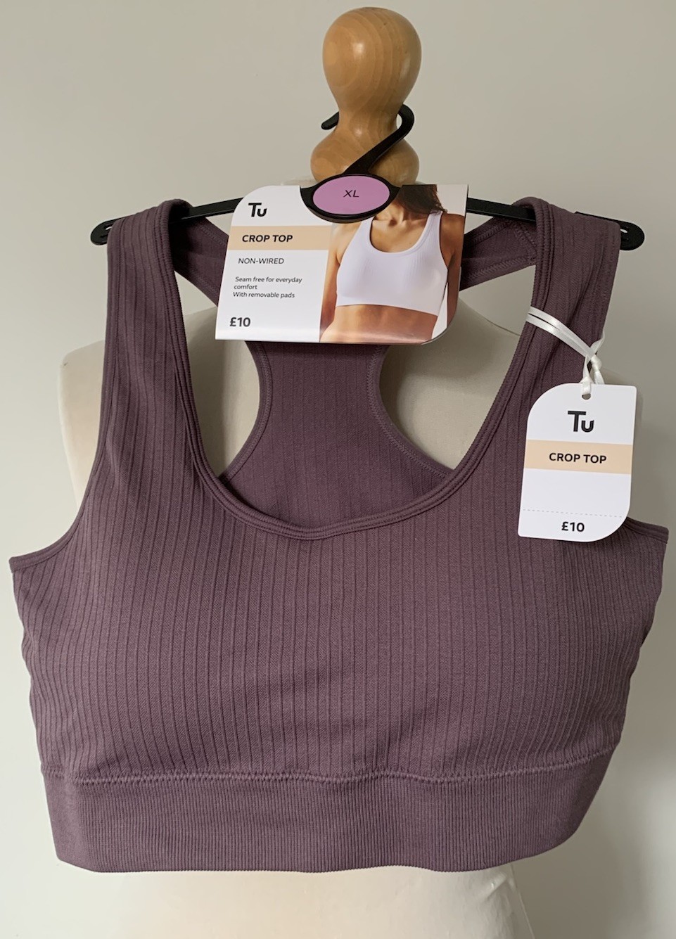 TU Racerback Sports Bra Size XL 18 Lilac Ribbed Crop Top Seamless Removable Pads