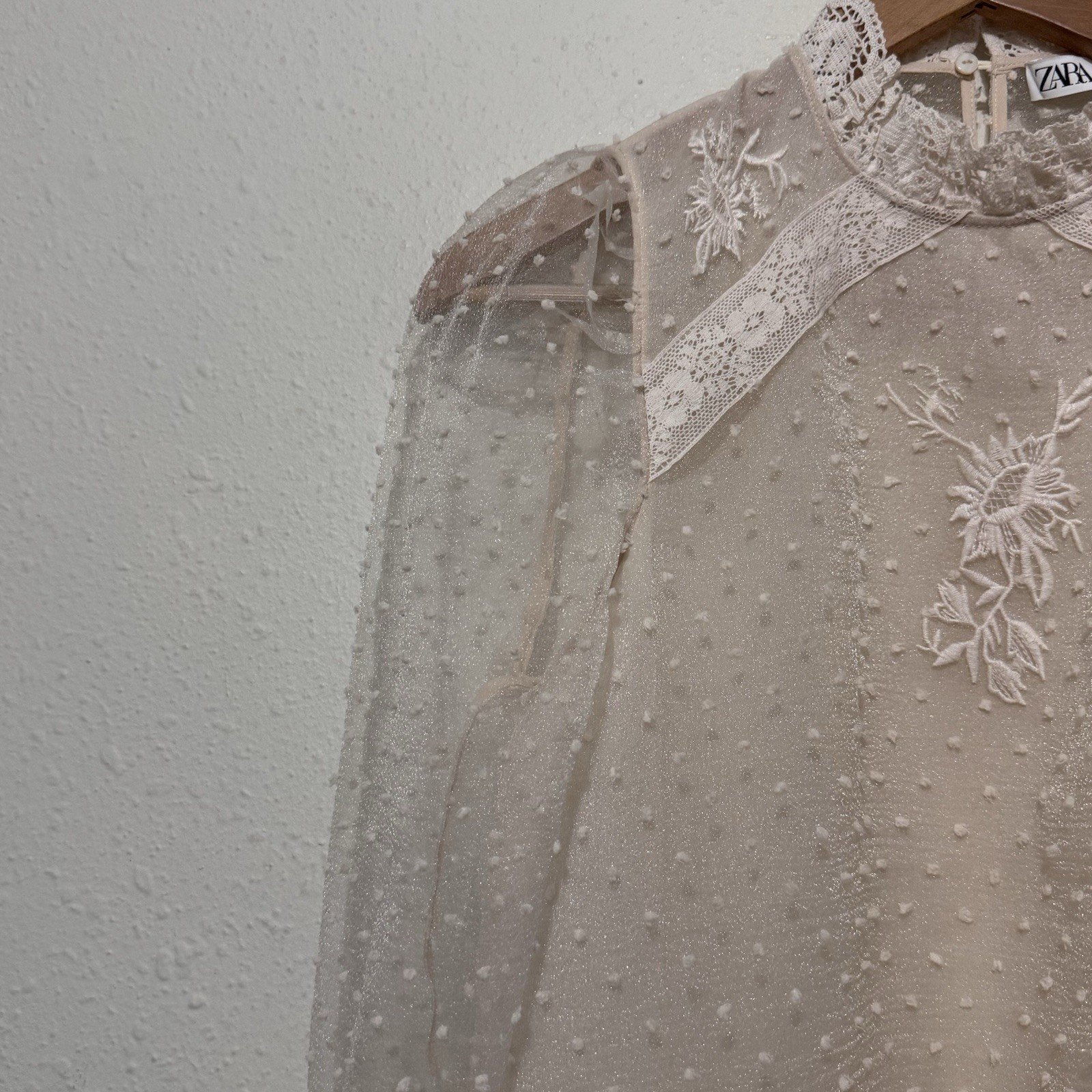 Zara Victorian Puff Sleeve semi sheer blouse embroidered size XS swiss dot