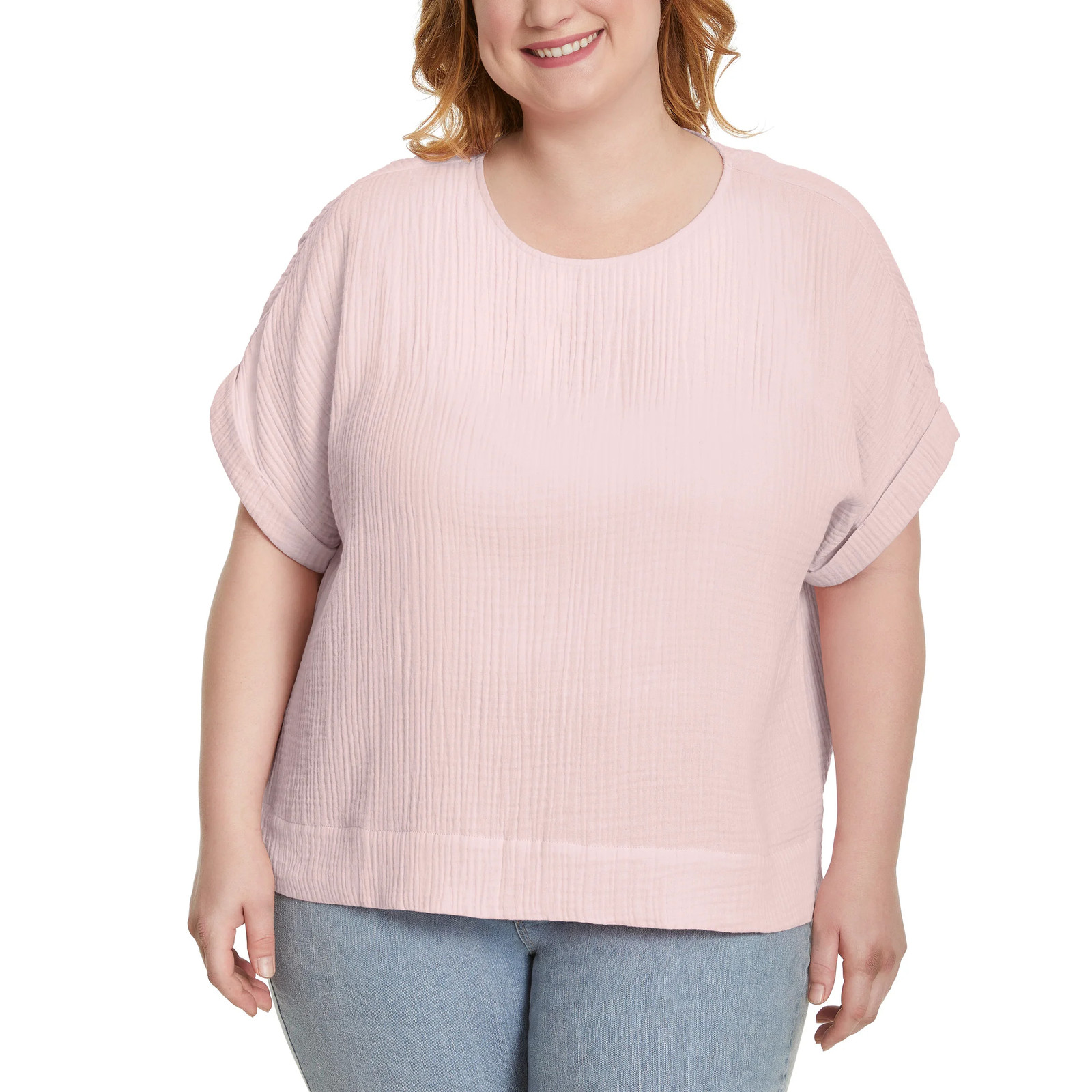 Gloria Vanderbilt Women’s Cotton Gauze Pullover Top Double Rolled Cuff Sleeve