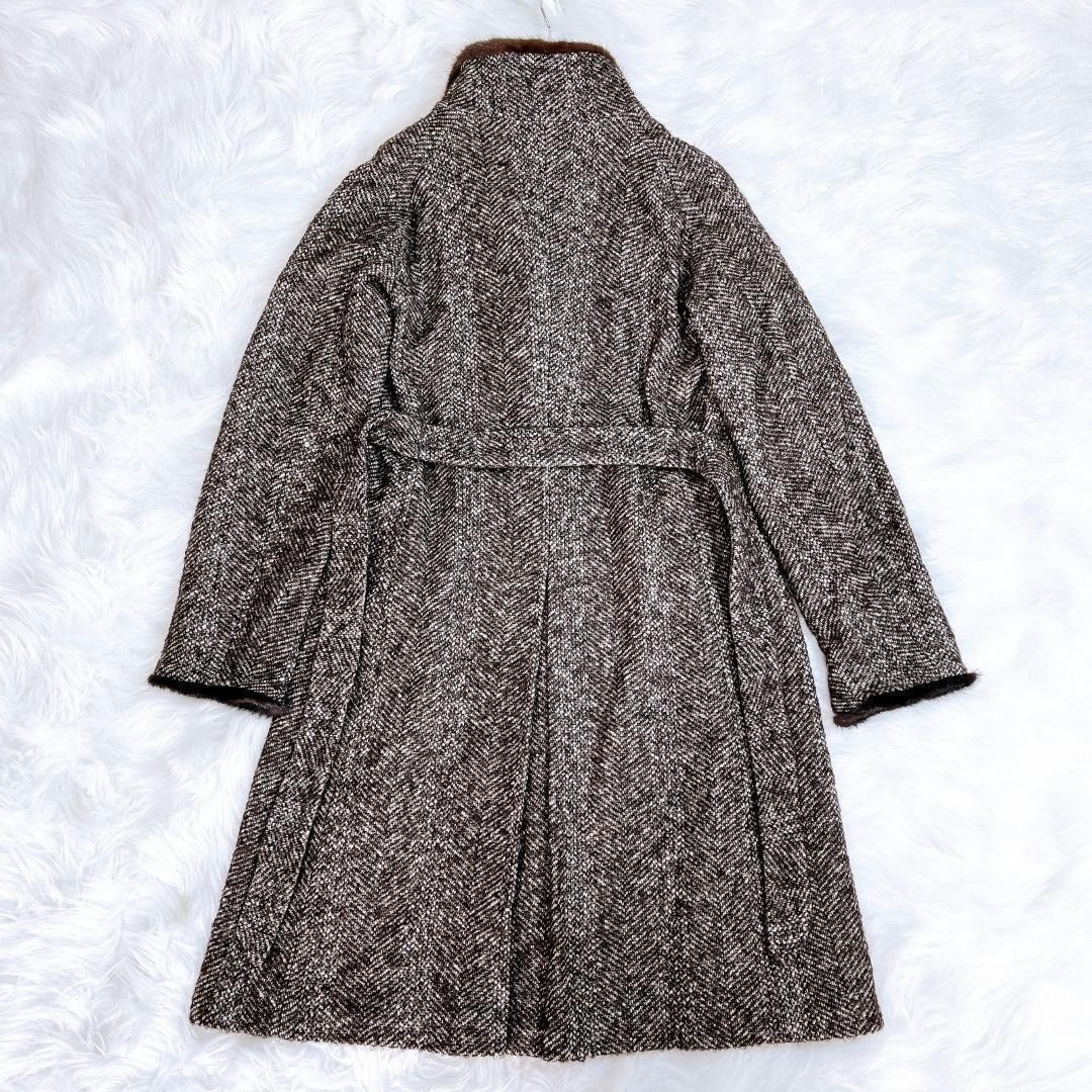 Max Mara mink fur coat, wool, brown tweed, size L