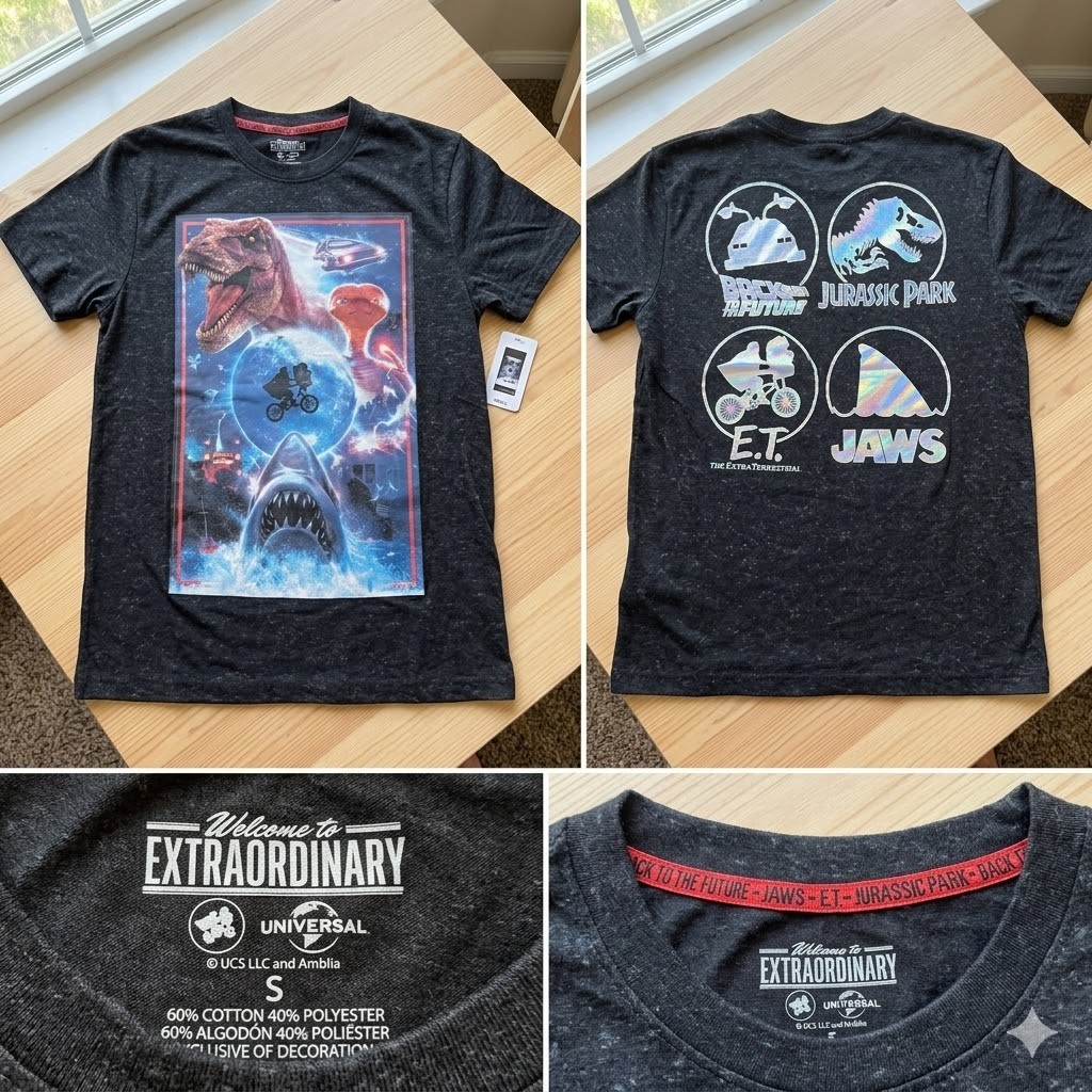 Universal Studios Jurassic Park Jaws ET Back To Future Holographic Tee Shirt S
