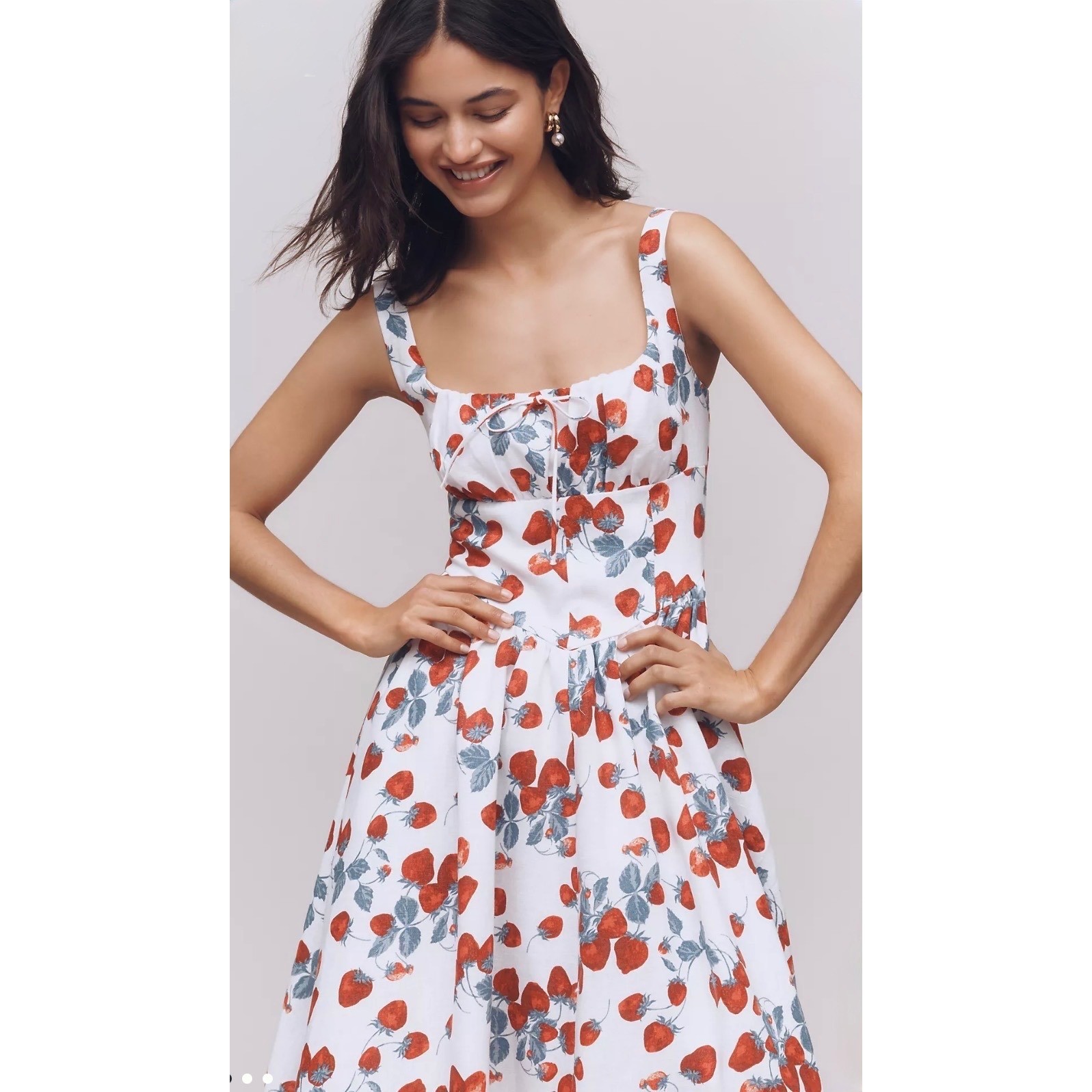 Reformation Balia Linen Strawberry Print Basque Waist Midi Dress White Red Sz 2