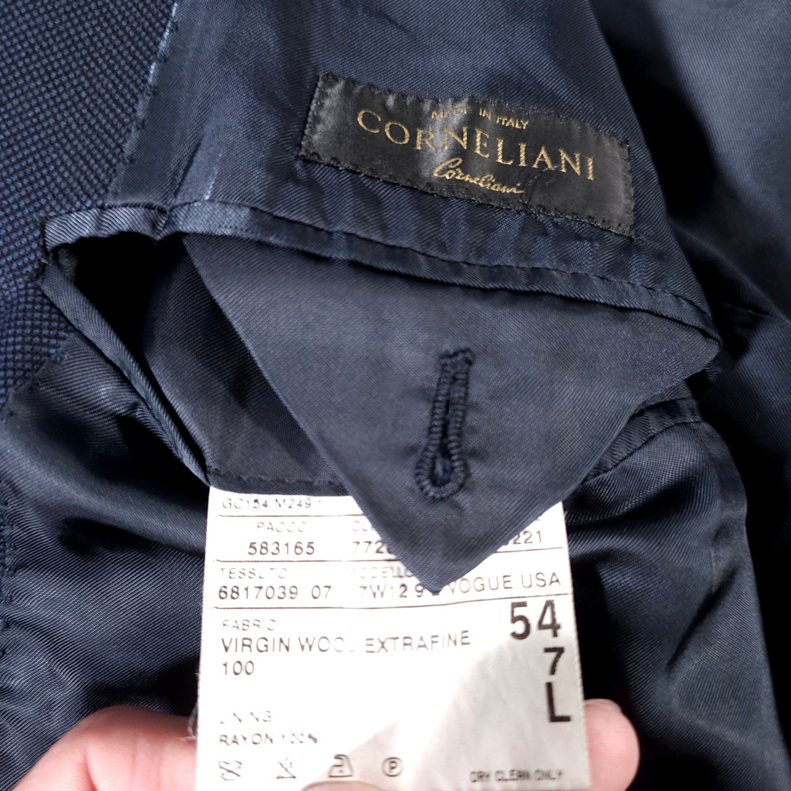 Corneliani Suit Men 44/54L Navy Blue Virgin 110 Wool Pleated Pant Made in Italy