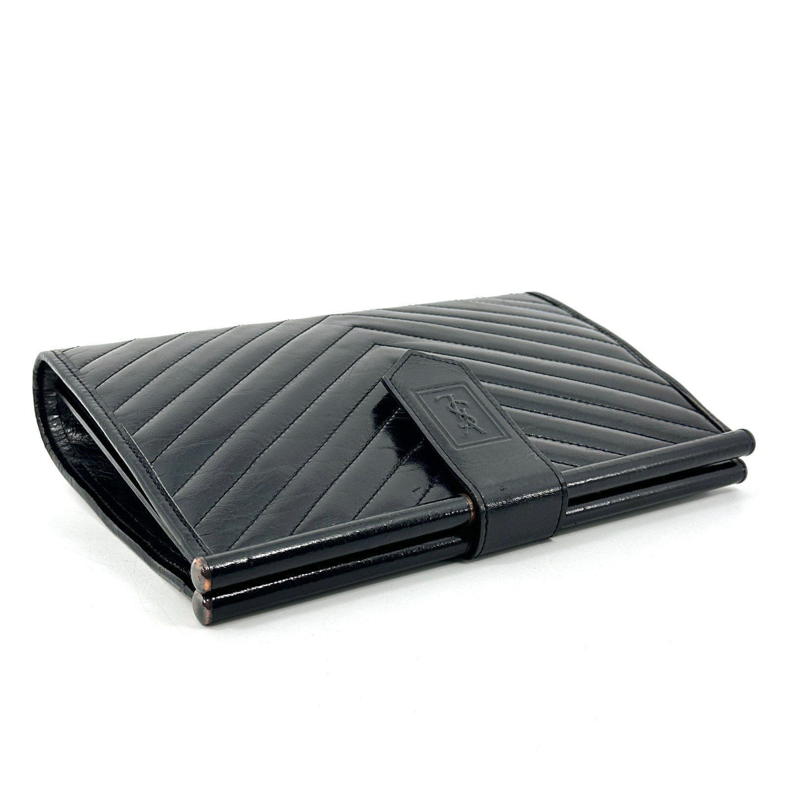 Yves Saint Laurent Black Leather Clutch Bag V stitch YSL Purse Vintage Authentic