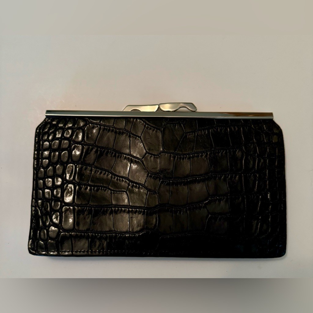 [Abas] Black Embossed Leather Clutch Wallet Silver Hardware 8 Card Slots