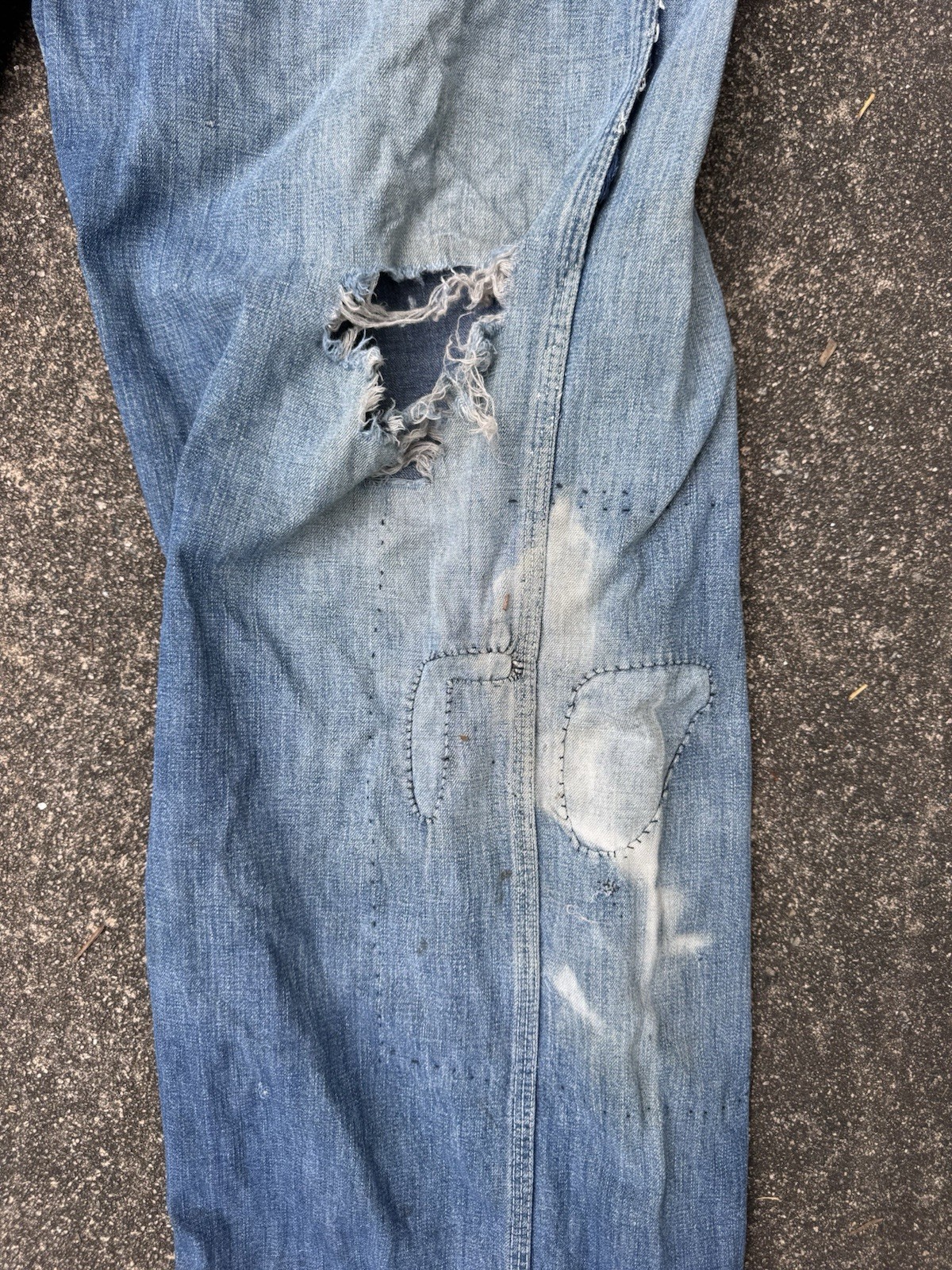 True Vintage 40s N&W Denim Bib Work Overalls Low Half Back Farm Repairs Rare 38