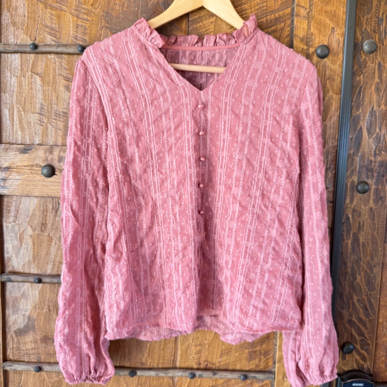 Womens Pink Swiss Dot Ruffle Neck Blouse Metallic Stripe Long Sleeve Top