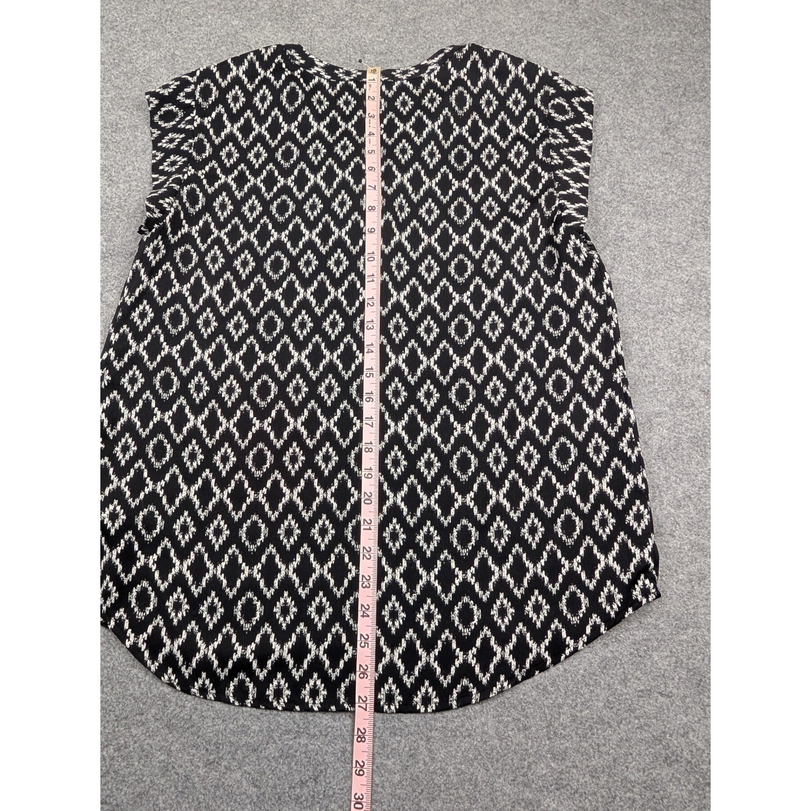 Hilary Radley Womens Black White Ikat Diamond Print Split Neck Blouse Size Med
