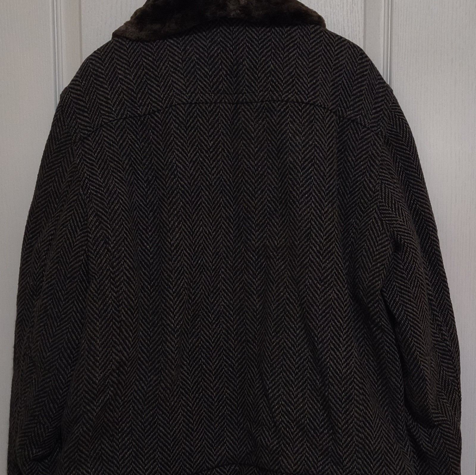 Macy’s Tasso Elba Men’s Wool Herringbone Jacket Faux Fur Trim Zip Lined Pockets