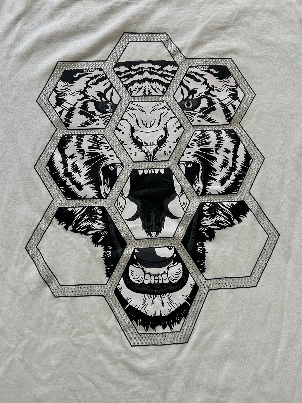 PHILIPP PLEIN Platinum Cut T Shirt Hexagon Tiger Head Graphic Men’s Large White