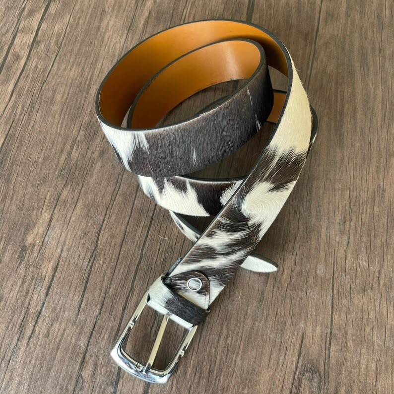 Western Cowhide Leather Belt Brown White Handmade Genuine Fur Buckle