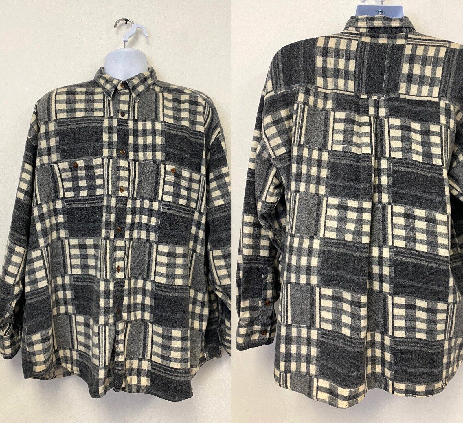 Vintage 90s’ Fryday by NRK Flannel Collared Shirt, Gray Plaid, Size XL