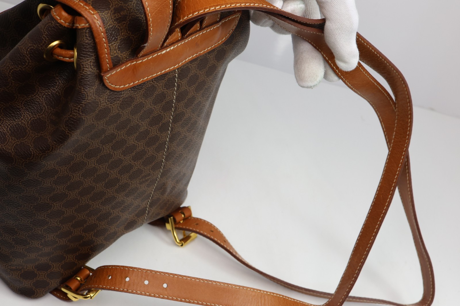 Authentic CELINE Macadam Canvas Backpack Brown PVC Leather Vintage Bag France
