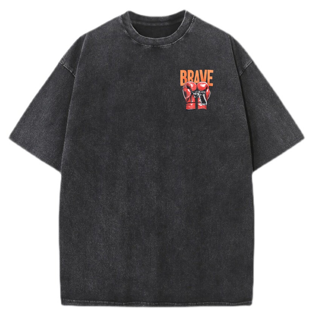 Men’s Oversized Acid Wash T-Shirt 100% Cotton Vintage BRAVE Graphic Tee