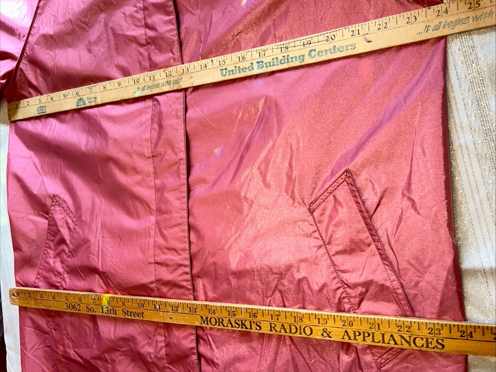 Vintage 60s Long Nylon Rubber Backed Trench Coat Pink Gray Women’s Size 20 1/2