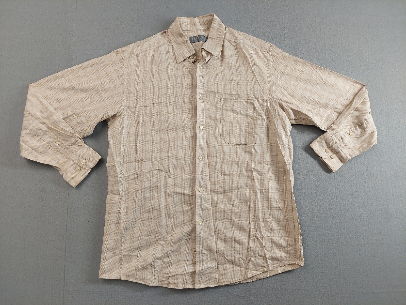 Talbots Men Dress Shirt M Beige Plaid Collared Barrel Cuff Button Up Officewear