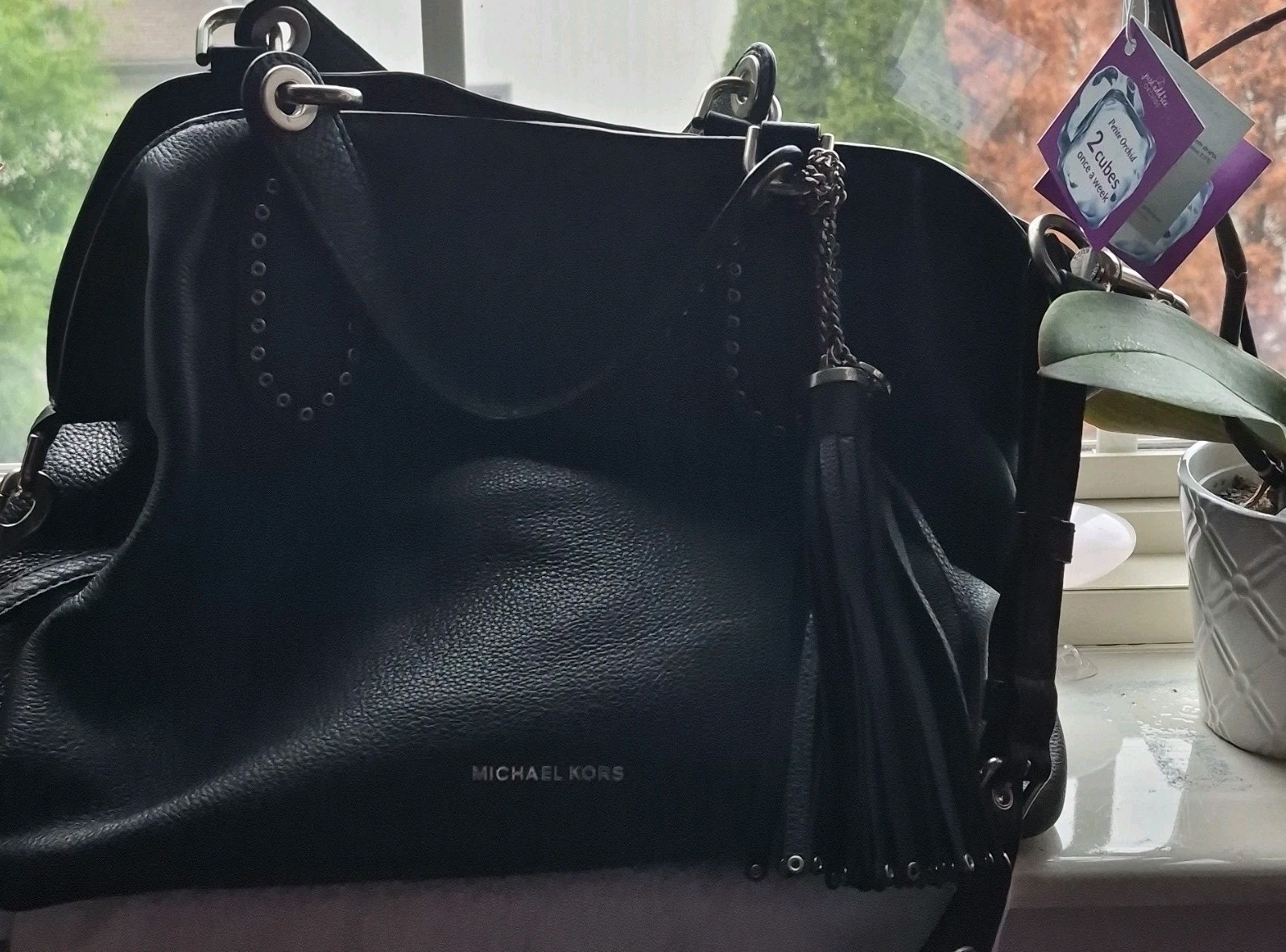 Michael Kors Black Pebbled Large Shoulder Bag Tassel Charm, Silver HW, Adj Strap
