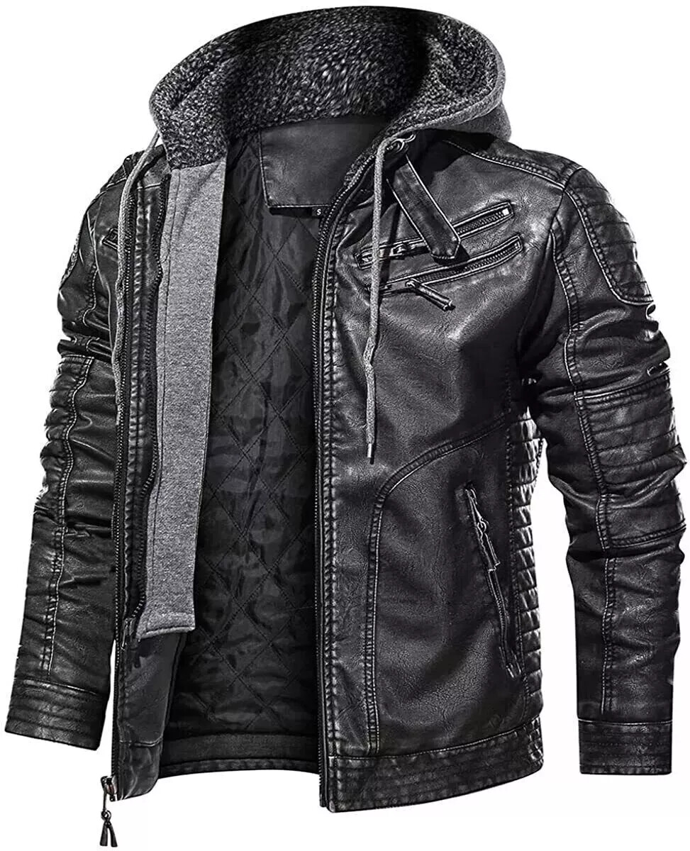 Mens Distressed Black Hoodie Motorcycle Biker Real Leather Jacket Removable Hood