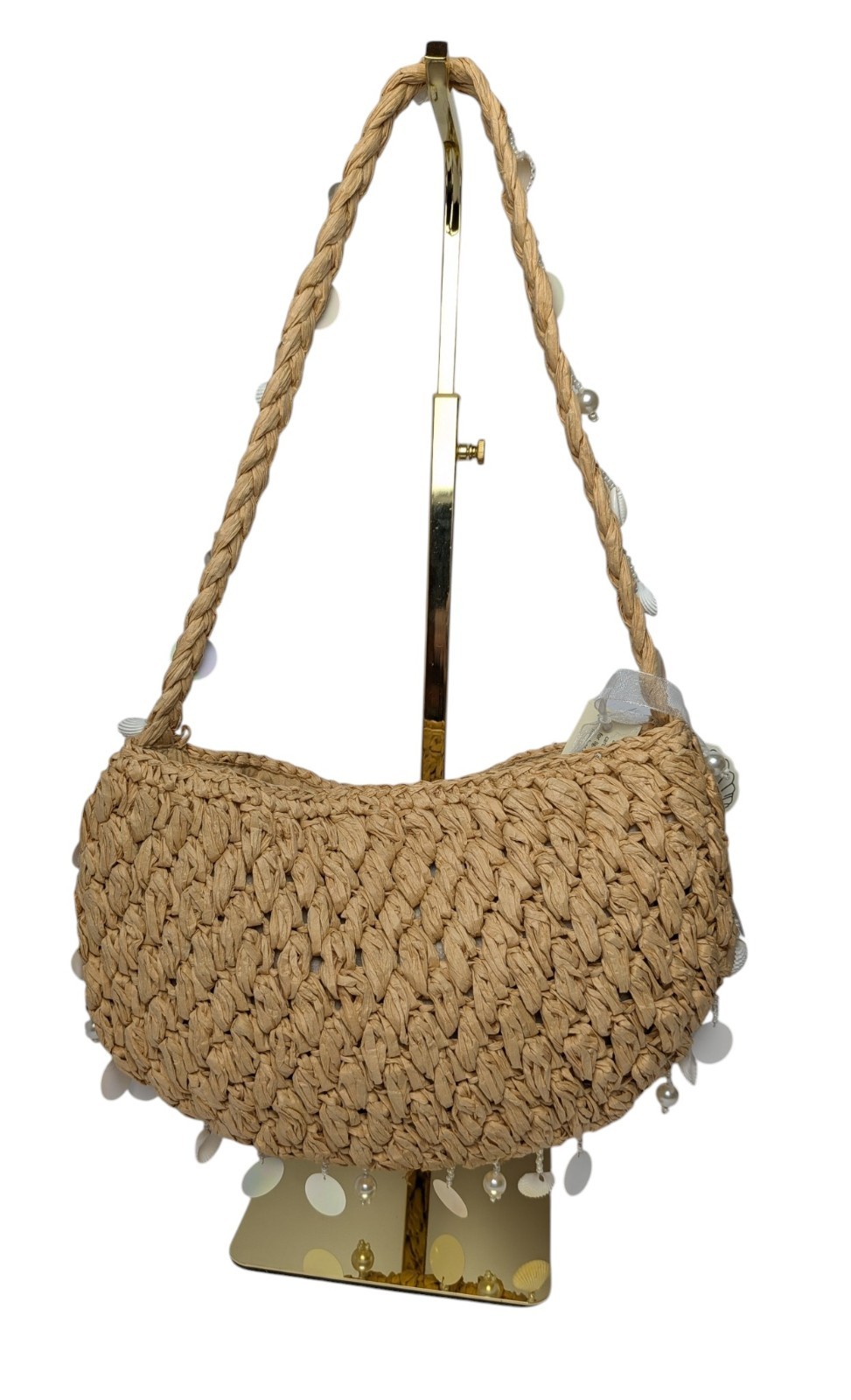 NWT From India To You Brand Artisan Lt Tan Raffia Genuine Shell Bead Accents Bag