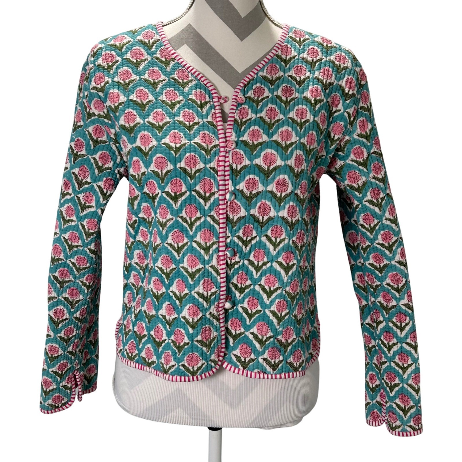 Block Print Quilted Jacket Turquoise Pink Floral Reversible Button Front Medium