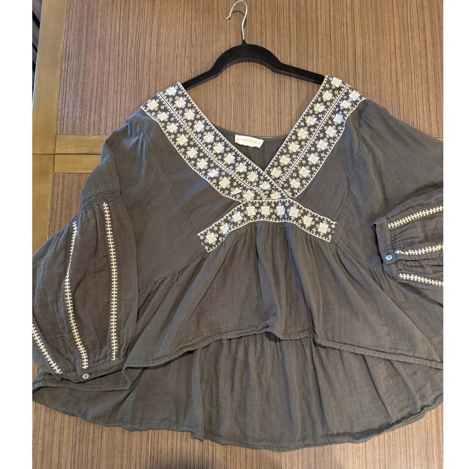 Lucky Brand Peasant Blouse XXL Charcoal Grey Embroidered Cotton Gauze Boho Top