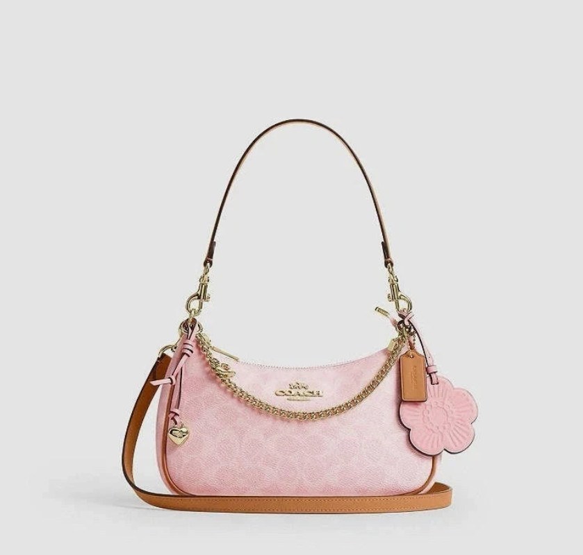 NWT Coach Gold Powder Pink Teri Shoulder Bag Signature with Charms CEA20
