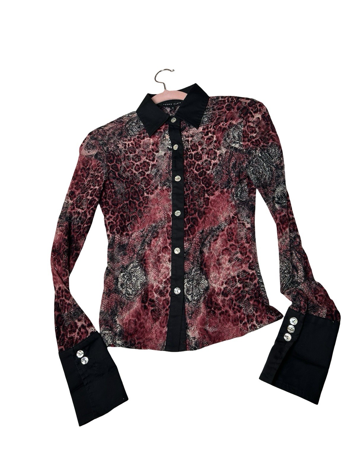 Semi Sheer Lace Fitted Button-up Top Sz S (XS) Red Contrasting Cuffs Collar READ