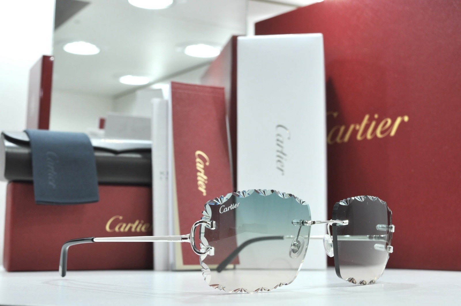 Cartier rimless sunglasses piccadilly glasses Diamond Cut BIG C silver Frame