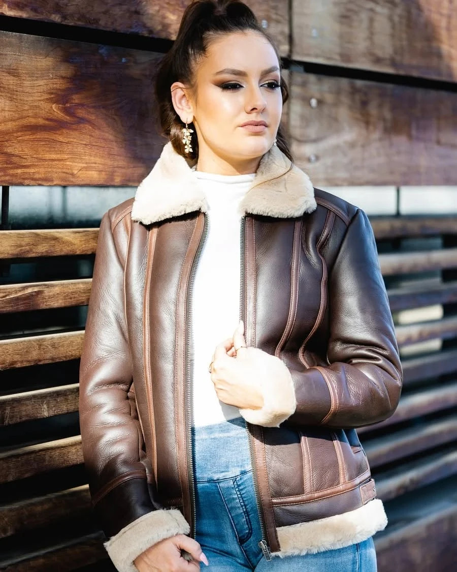 Premium Modern Brown Genuine Leather Jacket Women’s Chic Winter Outfit XS to 2XL