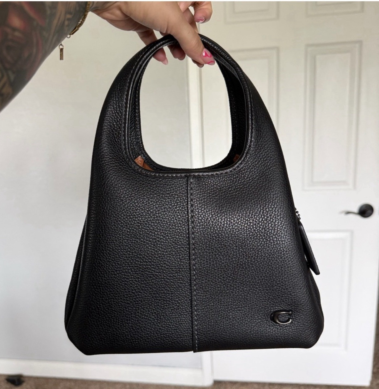 Coach Black Pebbled Shoulder Bag, Top Handle, Zip, Gold Hardware, Medium