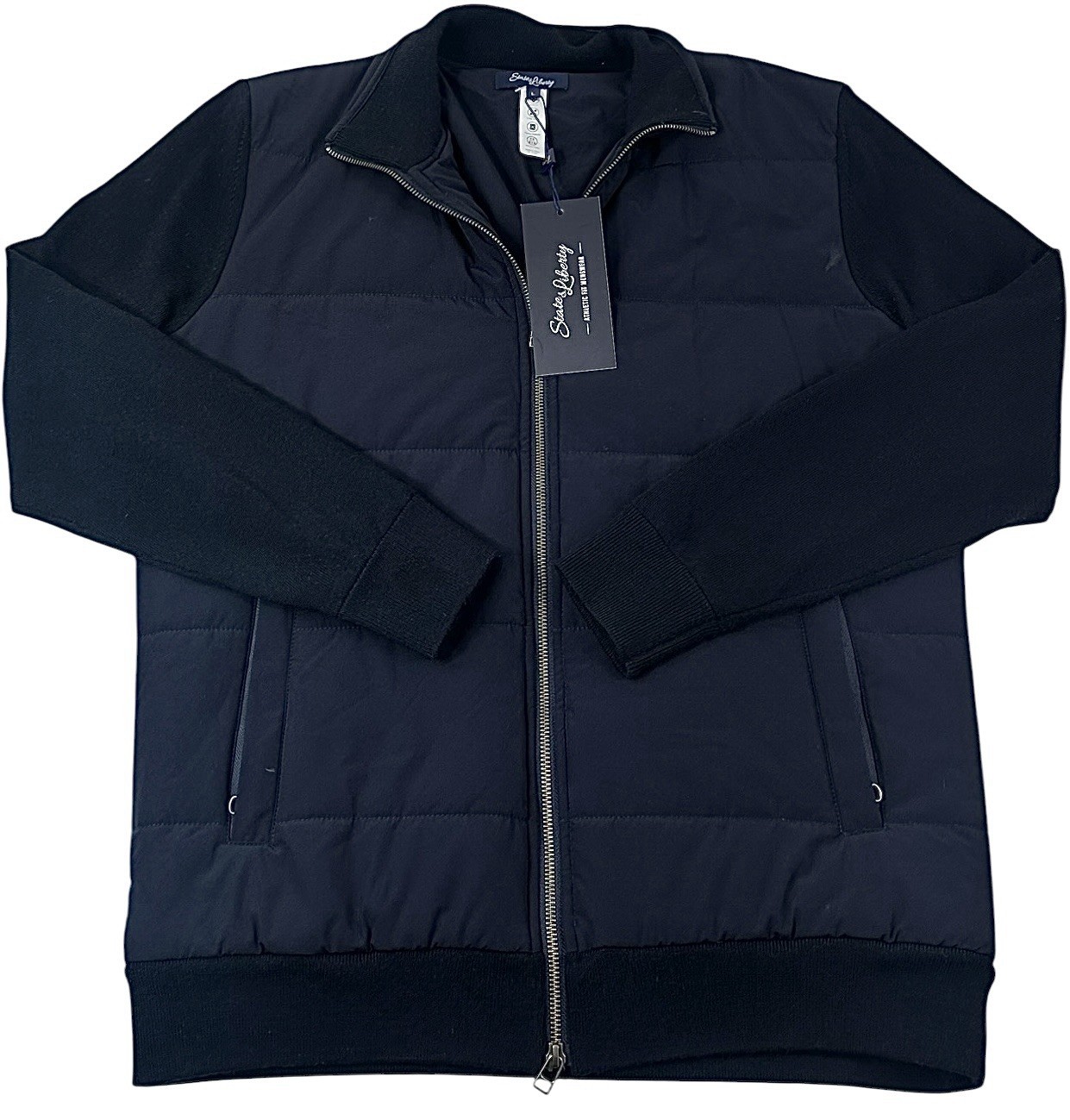 State & Liberty Jacket Size L Blue Navy Hybrid Athletic Merino Wool Sleeves NWT