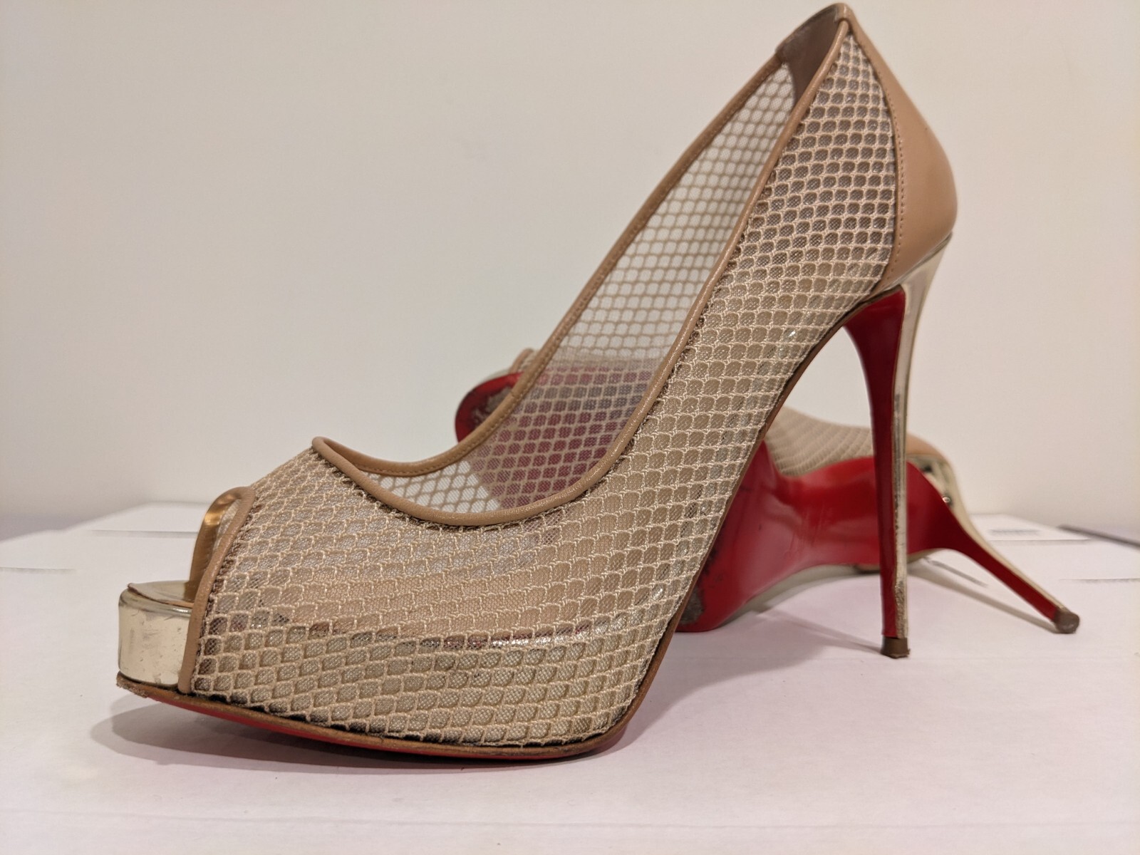Christian Louboutin 37.5 Nude Very Rete 115mm Red Sole Mesh Fishnet Pumps