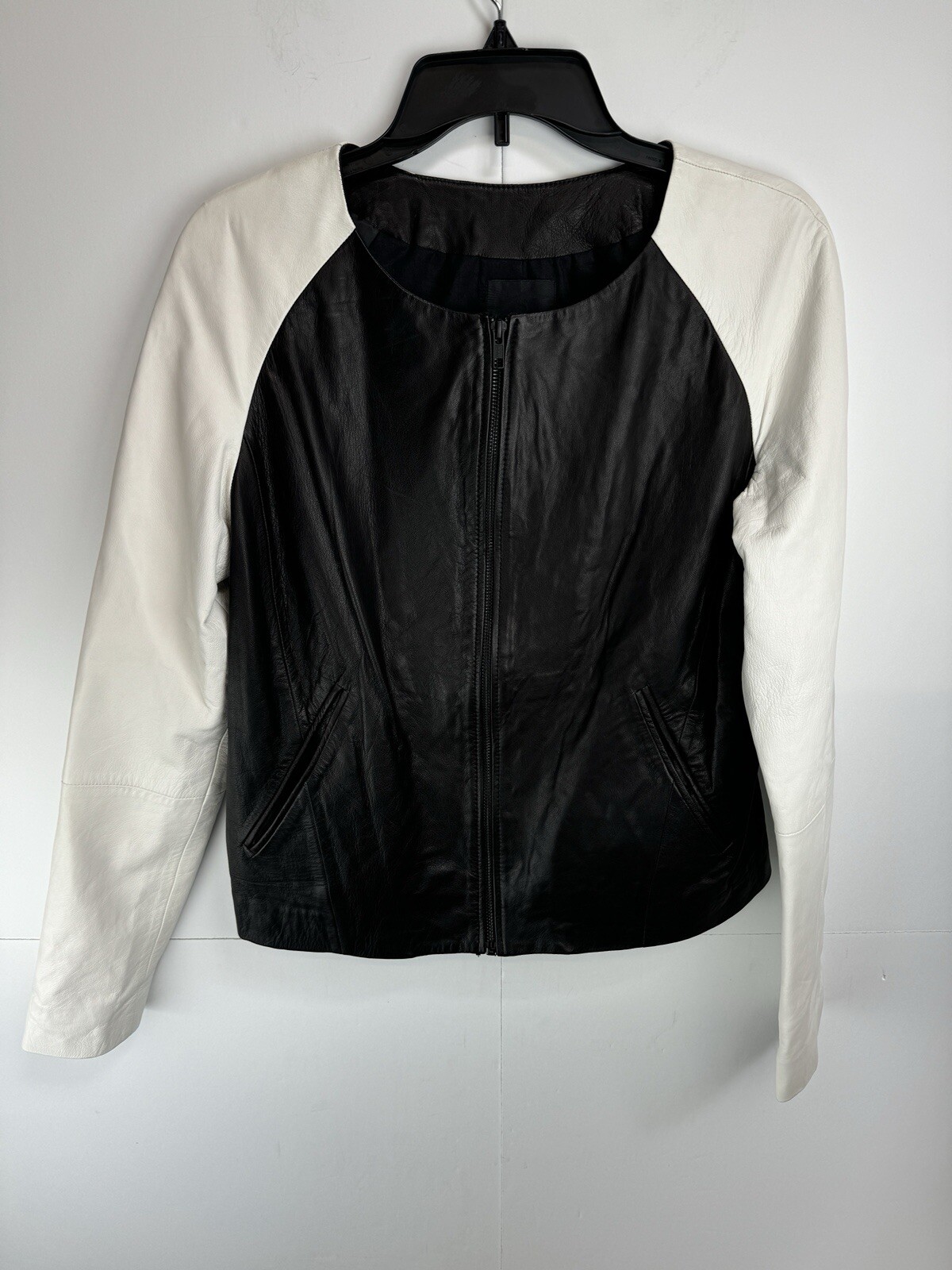 Trouvé $298 100% Leather Black And White Lined Zippered Jacket Size: Medium