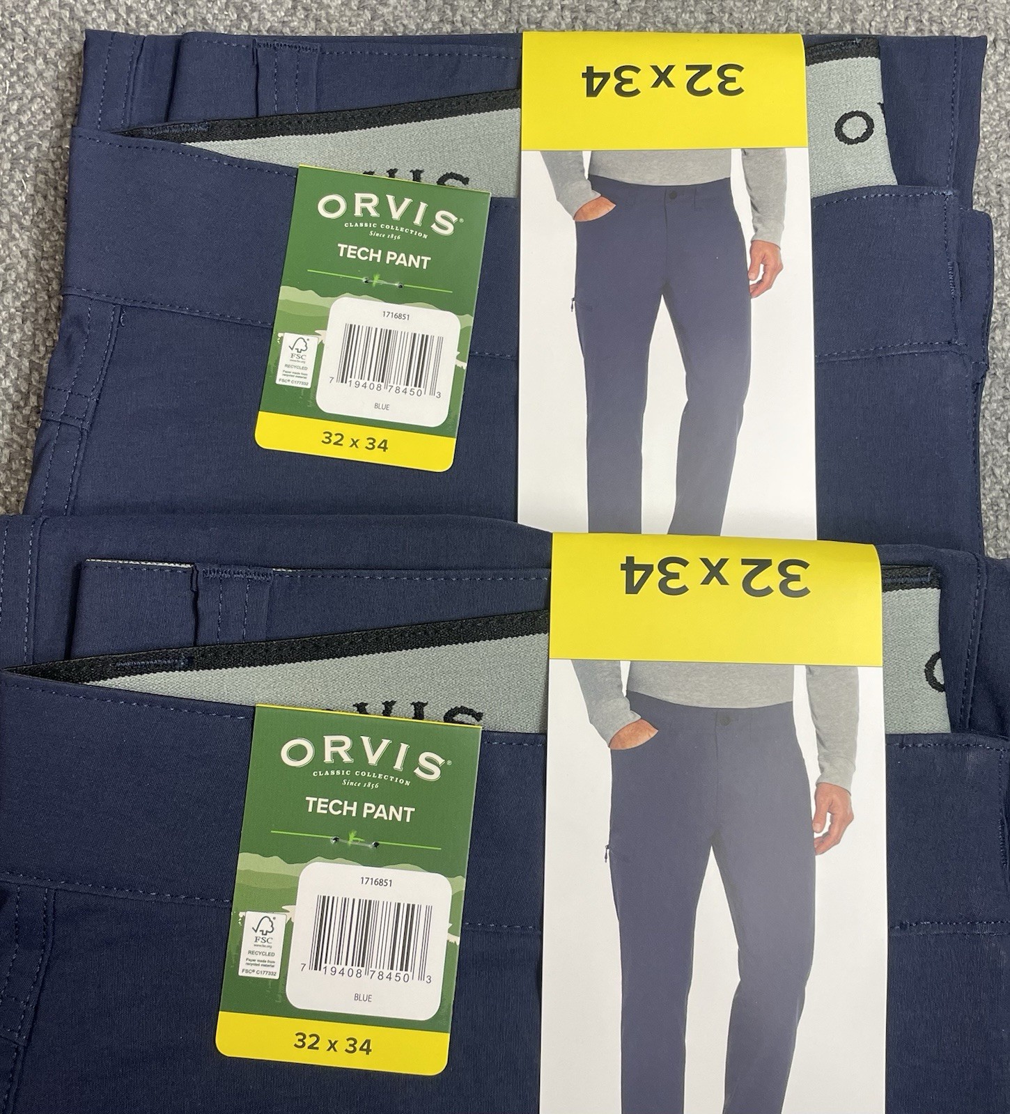 Orvis Men’s Lot of 2 Blue 32×34 Tech Pants 95% Nylon & 5% Spandex NWT