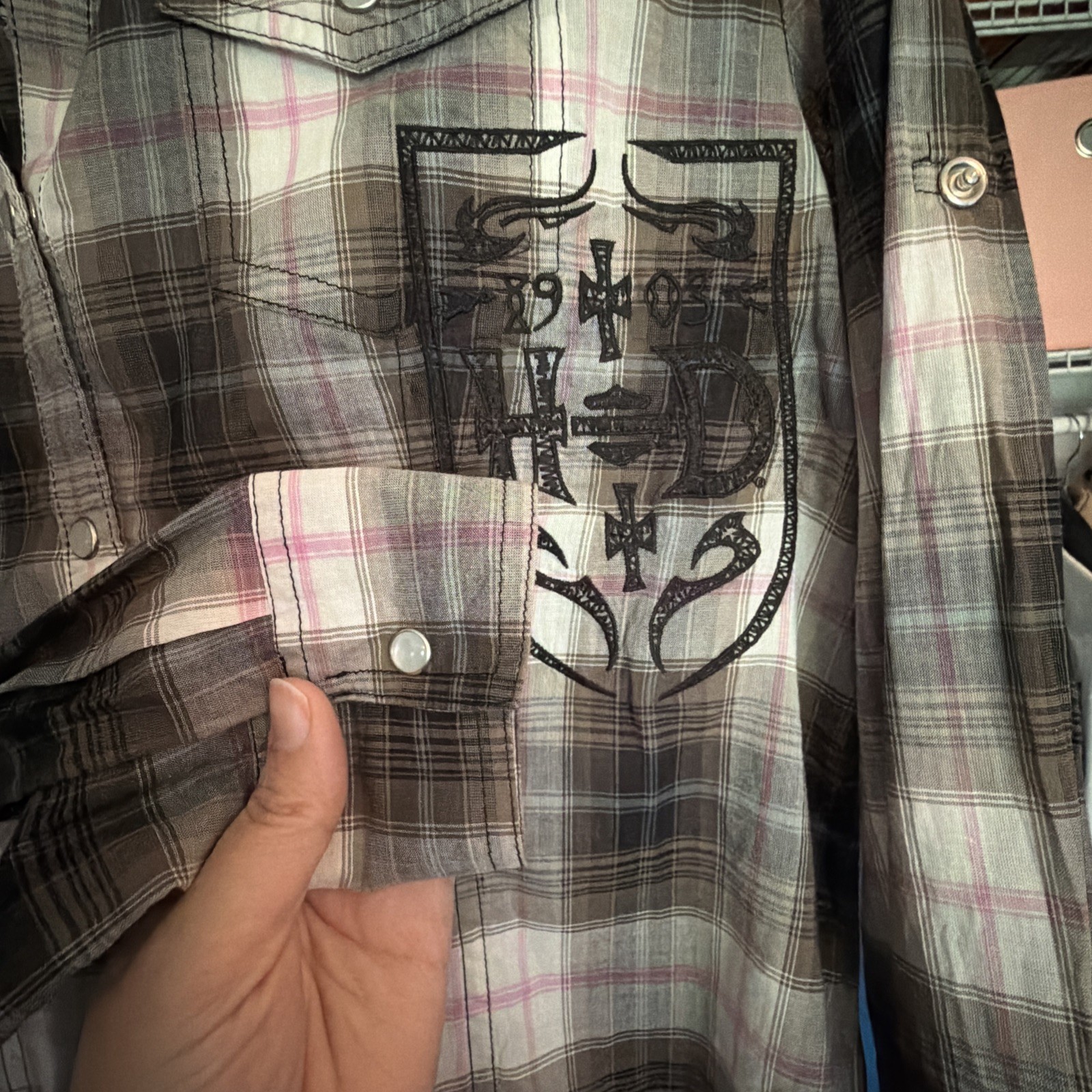Harley Davidson Ladies pink & Black Plaid w/black lace Long Sleeved Shirt MED