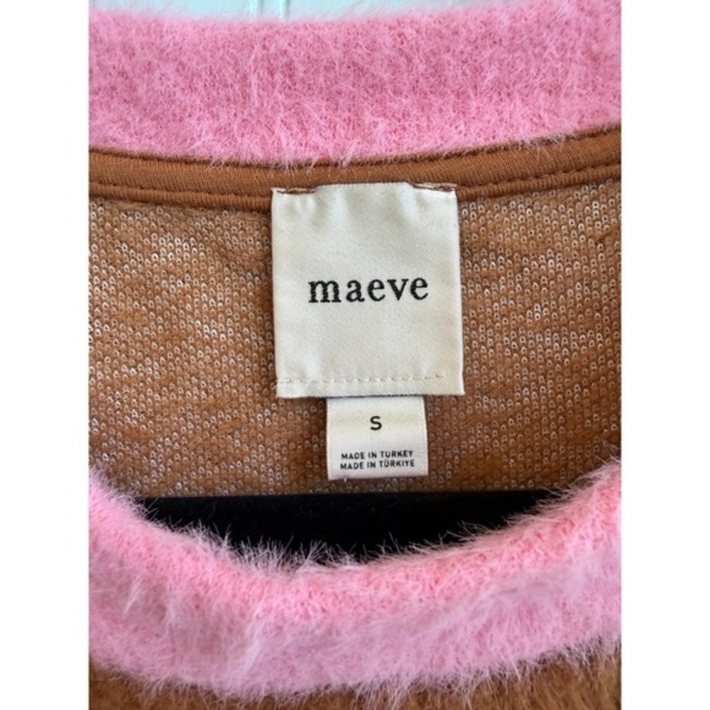 Maeve Anthropologie Brown Pink Eyelash Knit Fuzzy Colorblock Sweater Small NWOT