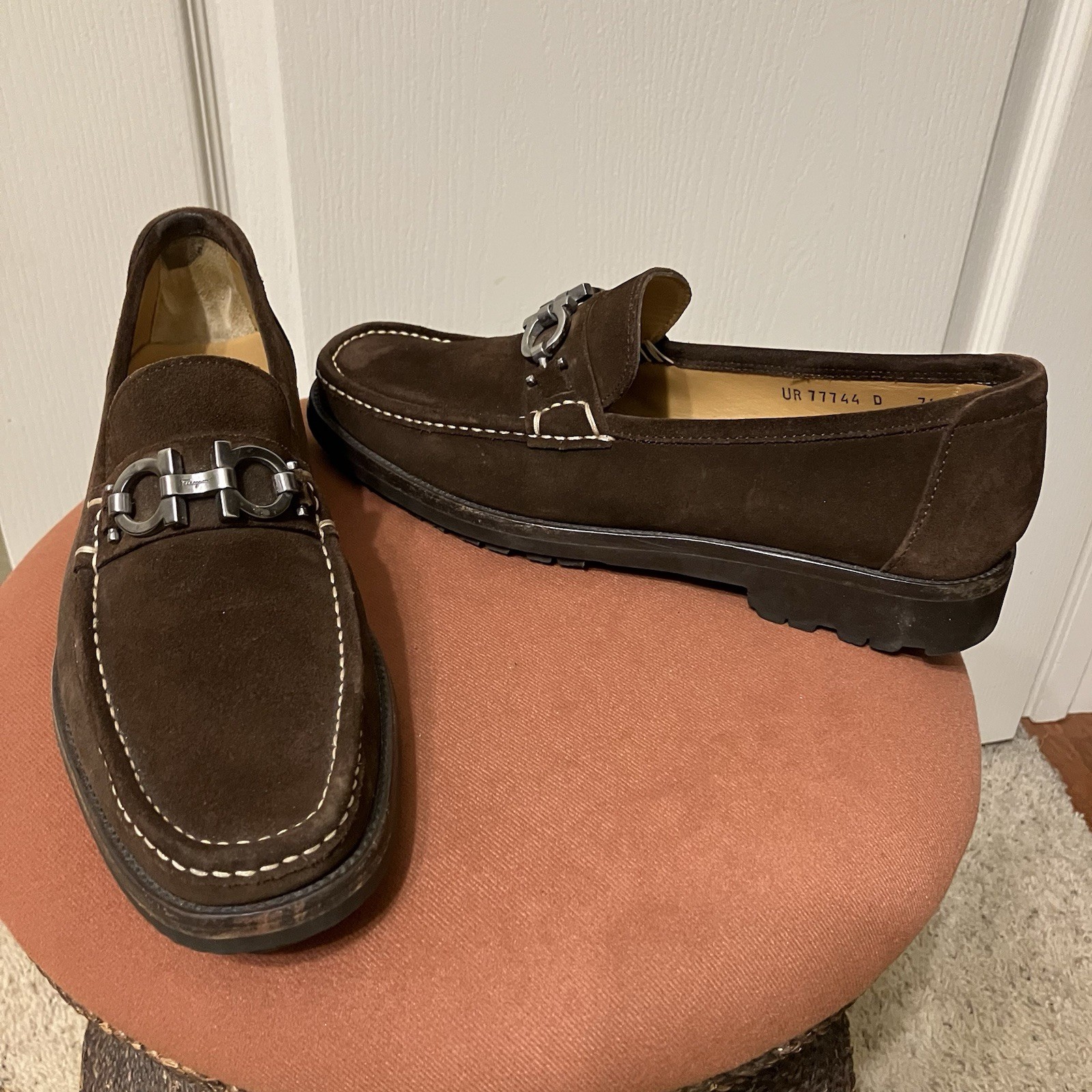 SALVATORE FERRAGAMO Gancini Loafers SUEDE Brown / Silver- Sz 7.5 D Made in Italy