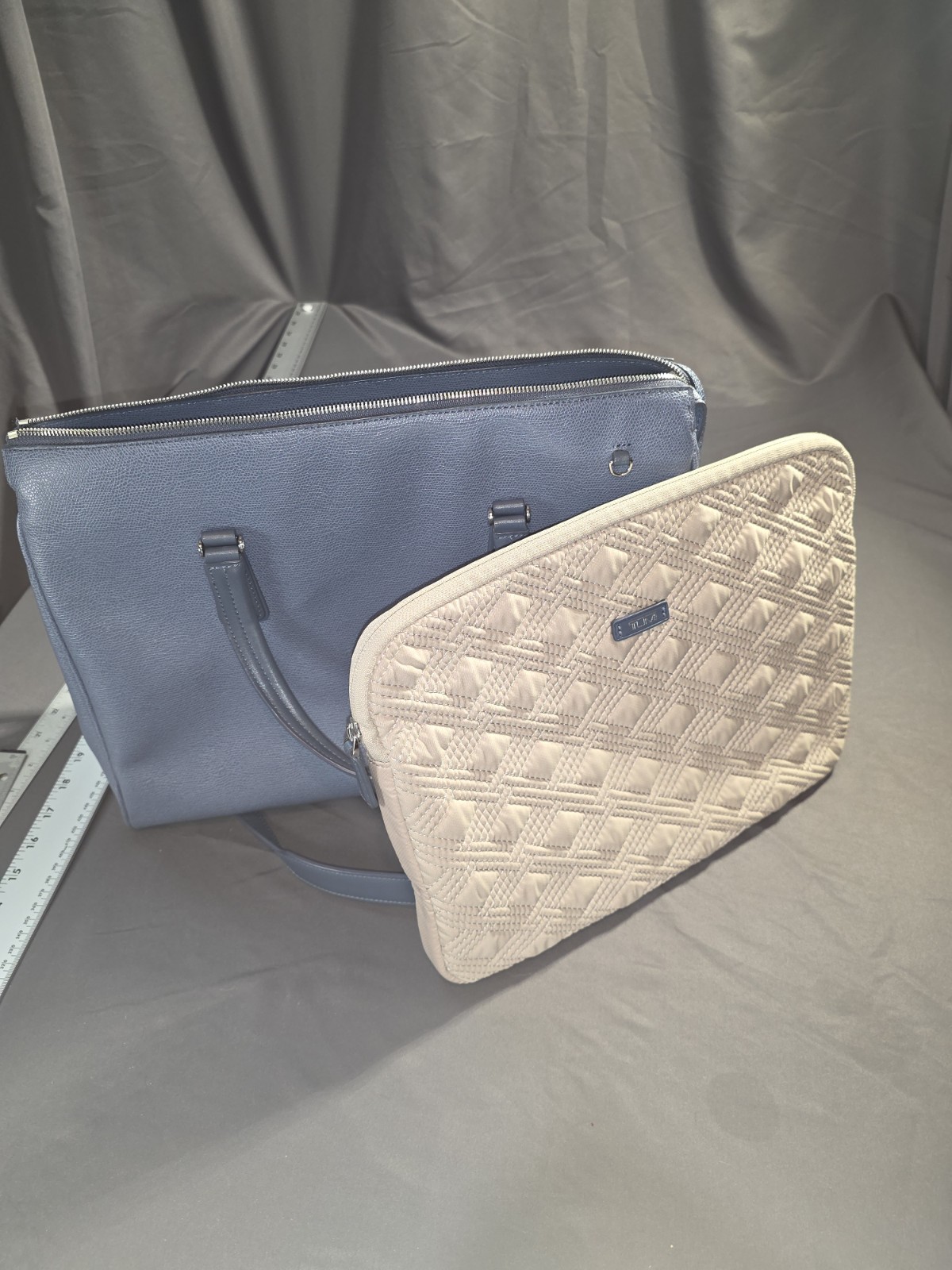 Tumi Dusty Blue Pebbled Leather Tote