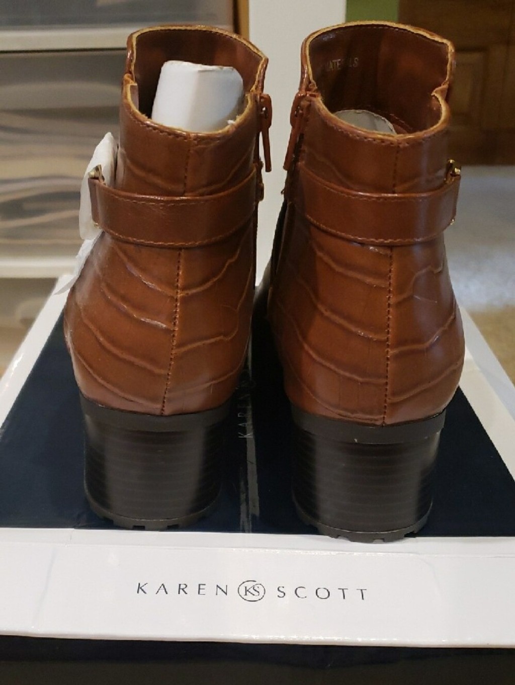 Karen Scott Tan Brown Leather Ankle Booties with Buckle Accent