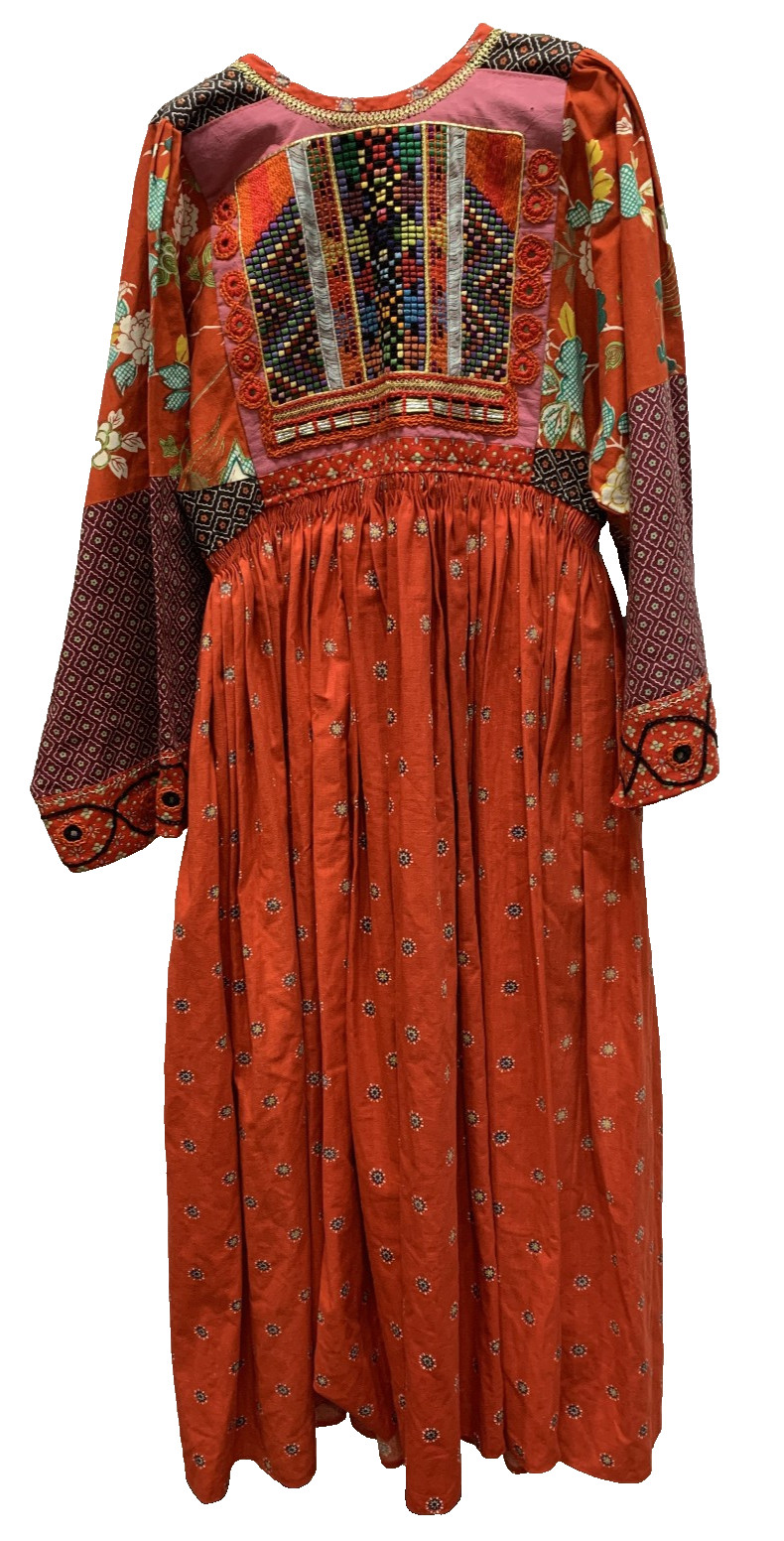 Vintage Afghan Kuchi Style Embroidered Beaded Red Maxi Dress Tribal Boho